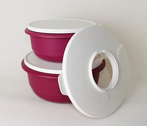 TUPPERWARE Peng Schüssel 3,5L + 2,0L + Spritzschutzdeckel in Brombeere Weiß Rührschüssel, Servierschüssel + Teetasse von TUPPERWARE Mikrowelle