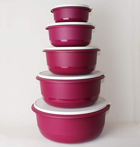 TUPPERWARE Peng Schüssel 9,5L + 6,0L + 3,5L + 2,0L + 1,0L in Brombeere Weiß Rührschüssel, Servierschüssel + Teetasse von Tupperware