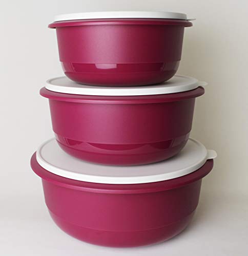 TUPPERWARE Peng Schüssel 9,5L + 6,0L + 3,5L in Brombeere Weiß Rührschüssel, Servierschüssel + Trinkbecher von TUPPERWARE Tafelperle