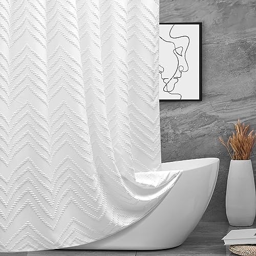 Extra lange Duschvorhänge, 183 x 244 cm, weiß, getuftet, Chevron-Streifen, Stoff, Duschvorhänge für Badezimmer, modern, Shabby-Chic, wasserdichtes Stoff-Duschvorhang-Set mit Haken, weiß von TURKIO