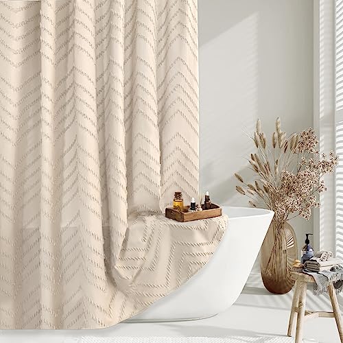 TURKIO Beige Boho Duschvorhang 72x72 Modern Farmhouse Duschvorhang Bohemian Chic Getuftet Chevron Strukturiert Gestreift Minimalistisch Duschvorhang Gewebter Stoff Niedlich Beige/Creme Duschvorhang von TURKIO