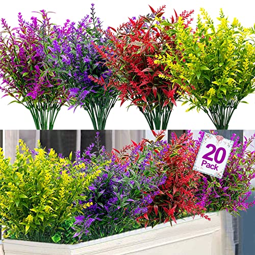TURNMEON 20 Bündel künstlicher Lavendel für den Außenbereich, UV-beständige Blumen, Kunststoff, künstliche Pflanzen Fensterkasten, Hängepflanze, Hausveranda-Dekoration (gemischt) von TURNMEON
