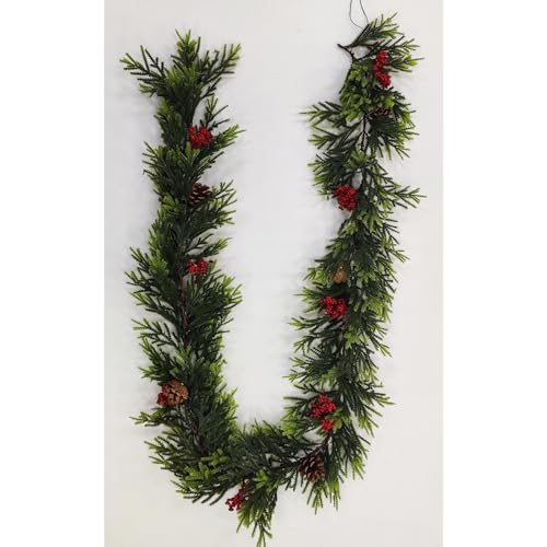 Weihnachtsgirlande aus Zedernholz mit roten Beeren, Tannenzapfen und 20 warmweißen Lichtern, weiche Ranke mit Timer, batteriebetriebene Urlaubsdekoration für Kaminsims, Tisch, Tür, Treppen Weihnachtsgirlande aus Zedernholz mit roten Beeren, Tannenzapfen und 20 warmweißen Lichtern, weiche Ranke mit Timer, batteriebetriebene Urlaubsdekoration für Kaminsims, Tisch, Tür, Treppen von TURNMEON