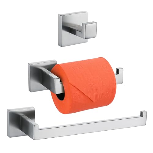 TURS 3-Teilig Badezimmer-Zubehör-Set SUS 304 Edelstahl Toilettenpapierhalter Handtuch Gestell Robe Haken Handtuchhalter Roll-Papier-Halter Wall Mount, Gebürstet, Q7010BR von TURS