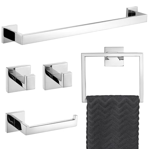 TURS 5-teiliges Badezimmer-Hardware-Set, poliertes Chrom, Handtuchhalter, Handtuchring, Toilettenpapierhalter und 2 Handtuchhaken, Edelstahl, Wandmontage von TURS