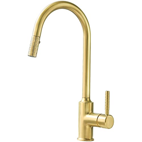 TURS Küchenspüle Hakenmischer mit Auszug Spray 360 ° Drehausgabe Moderne Küche Edelstahl Monobloc Einhebergriff Griff Massives Messing Spülbecken Wasserhahn gebürstet Nickel Gold von TURS