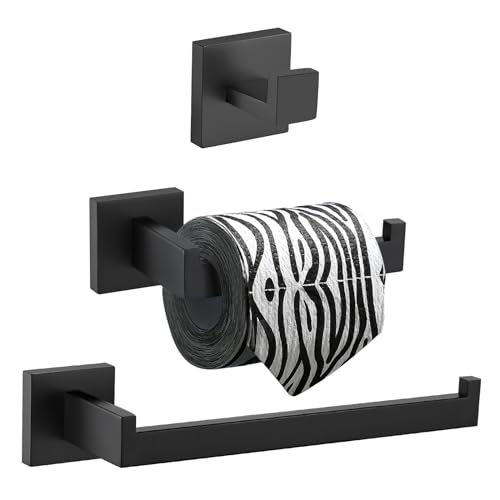 TURS 3-teiliges Badezimmer-Zubehör-Set SUS 304 Edelstahl Toilettenpapierhalter Handtuch Gestell Robe Haken Handtuchhalter Roll-Papier-Halter Wall Mount, Schwarz, Q7010BK von TURS