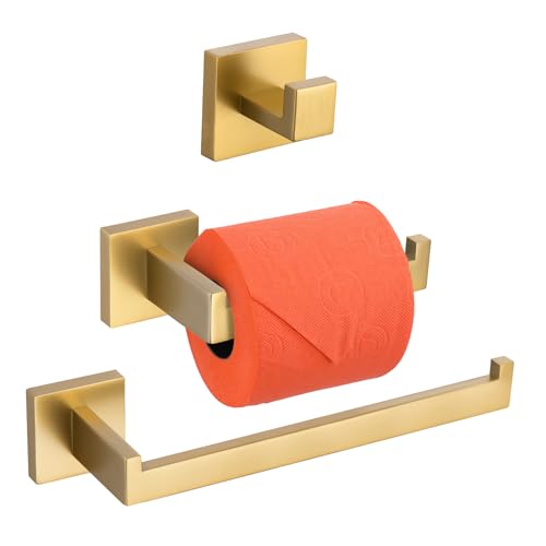 Turs 3-teiliges Badezimmer-Zubehör-Set SUS 304 Edelstahl Toilettenpapierhalter Handtuchstange Bademantelhaken Wandhalterung, Gold gebürstet, Q7010GD von TURS