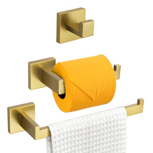 Turs 3-teiliges Badezimmer-Zubehör-Set SUS 304 Edelstahl Toilettenpapierhalter Handtuchstange Bademantelhaken Wandhalterung, Gold gebürstet, Q7010GD von TURS