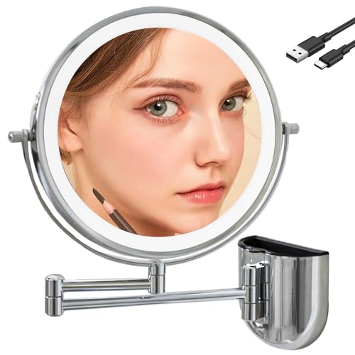 TUSHENGTU kosmetikspiegel wandmontage das badspiegel mit Beleuchtung mit 10X Vergrößerung und Aufbewahrungsbox,LED wiederaufladbar. (8CBU-C10X) von TUSHENGTU