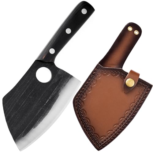 TUTCHUAN Japanisches Kochmesser Handgeschmiedetes Hackmesser Full Tang High Carbon Steel Küchenmesser Home and Outdoor Cooking Knife mit Lederscheide von TUTCHUAN