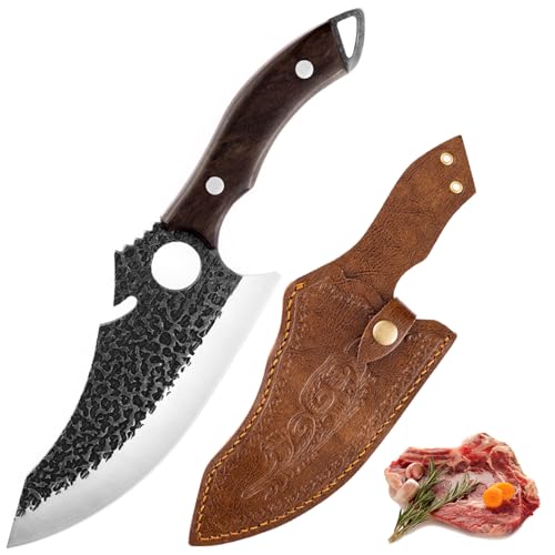 TUTCHUAN Kochmesser Japanische handgeschmiedete Küchenmesser Full Tang High Carbon Steel Ausbeinmesser Home und Outdoor Kochmesser mit Lederscheide von TUTCHUAN