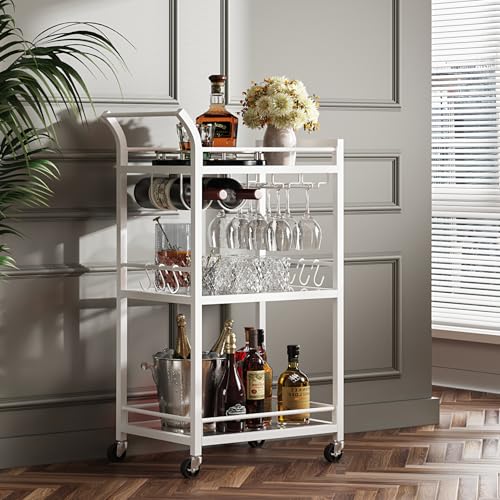 TUTOTAK Barwagen Home Bar Servierwagen Mikrowellenwagen Getränkewagen Mobiles Küchenregal mit 3 Ebenen Spiegelregal Weinhalter Glashalter Rollender Getränkewagen Weiß BC01BW034 von TUTOTAK