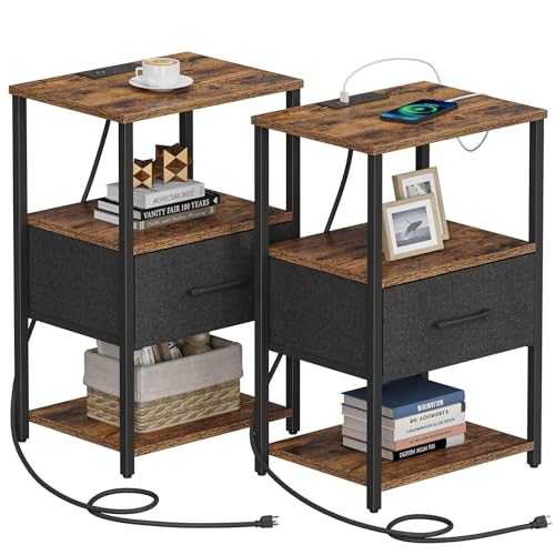 TUTOTAK Nachttisch 2er Set, Nachttisch mit Ladestation, Beistelltisch, Nachttisch mit Stoffschublade, Beistelltisch für Wohnzimmer und Schlafzimmer, Braun TB01BB0692 von TUTOTAK