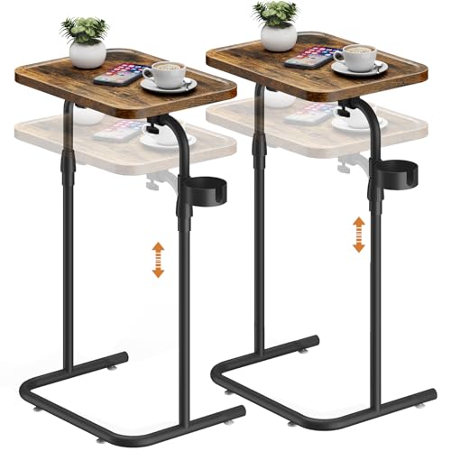 TUTOTAK C-förmiger Beistelltisch mit neigbarer Oberfläche, 2er-Set, höhenverstellbar, Beistelltisch, ausziehbar unter der Couch, TV-Tablett zum Essen, Sofatablett für Wohnzimmer, Schlafzimmer, Braun von TUTOTAK