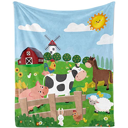 Decke Bauernhof Kuscheldecke Karikatur Bauernhof Tier Kuscheldecke Bauernhof Weich Plüsch Fleece Wohndecke Geschenk mit Ochse Schaf Huhn Muster für Jungen Jugendliche Sofadecke Couch Decke, 130x150cm von TUTUXMA