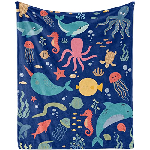 Decke Meer Tier Kuscheldecke Meer Tier Kuscheldecke Unterwasser Weich Plüsch Wohndecke Meer Flanell Fleecedecke mit Schildkröte Delfin Muster für Jungen Geschenk Sofadecke Couch Decke, 130x150cm von TUTUXMA