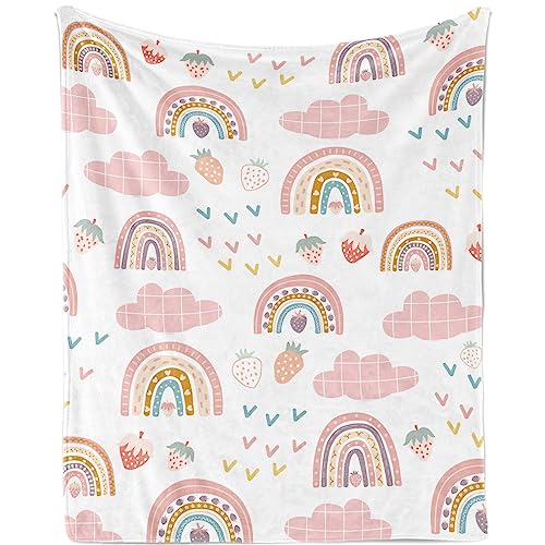 Erdbeer-Decke, Geschenke für Mädchen, weiche, gemütliche Erdbeer-Boho-Regenbogen-Decke, niedliche Erdbeer-Regenbogen-Überwurfdecke, leichte Erdbeer-Decke, böhmische Regenbogen-Decken für Teenager, 127 von TUTUXMA