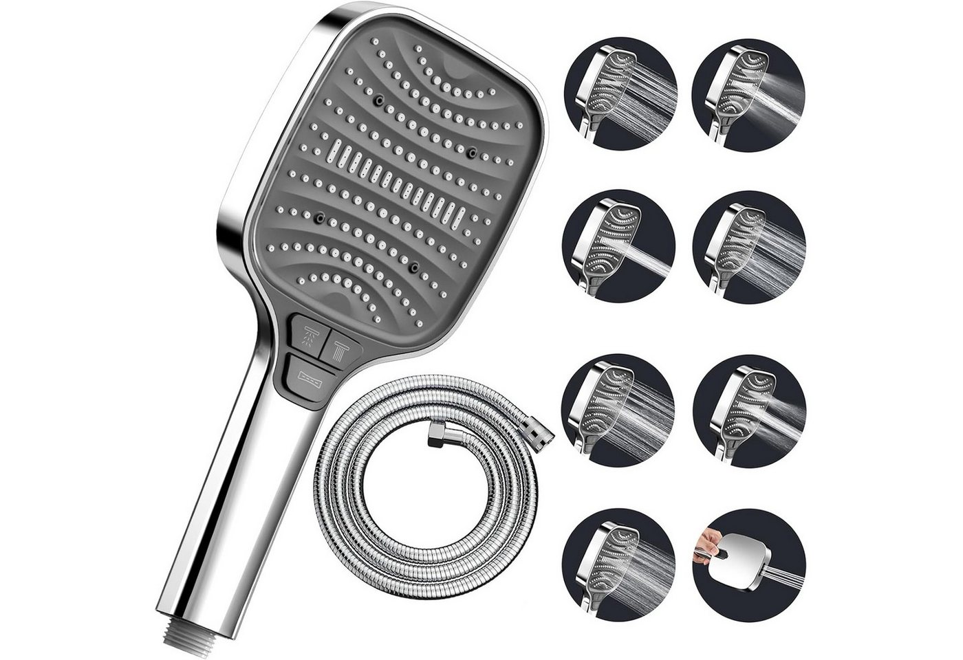 TUWENA Handbrause Duschkopf – Duschbrause mit 8 Strahlarten Regendusche Regendusche, Stoppfunktion Silber Chrom von TUWENA