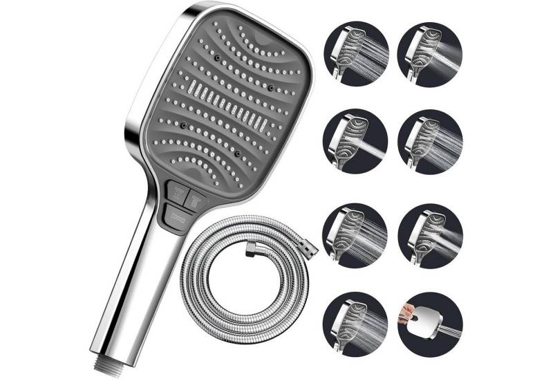 TUWENA Handbrause Duschkopf – Duschbrause mit 8 Strahlarten Regendusche Regendusche, Stoppfunktion Silber Chrom von TUWENA