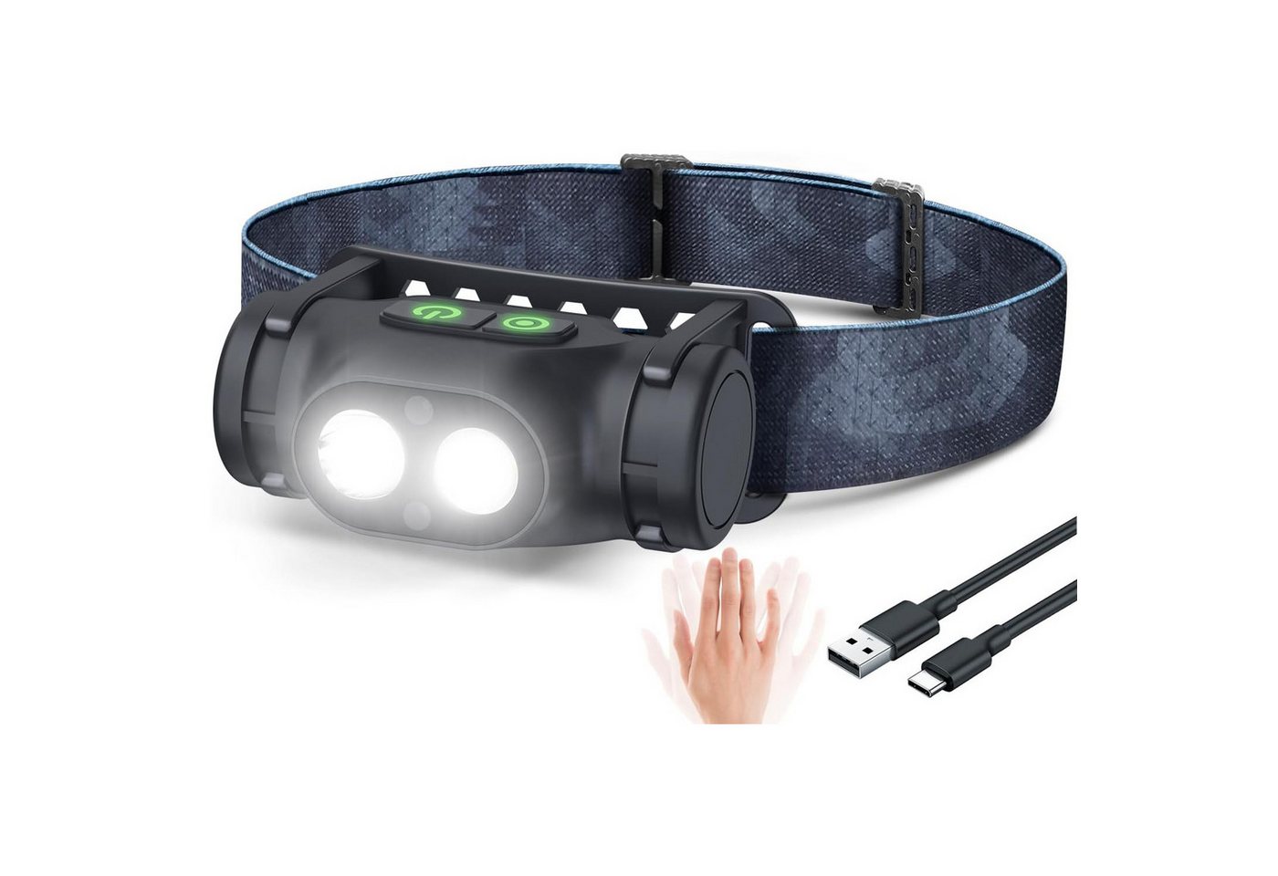 TUWENA LED Stirnlampe Wiederaufladbar Kopflampe Aufladbar Dimmbar 3 Lichtmodi Sensor Magnet (1-St), Wasserdicht Stirnleuchte LED für Wandern Angeln USB-C von TUWENA