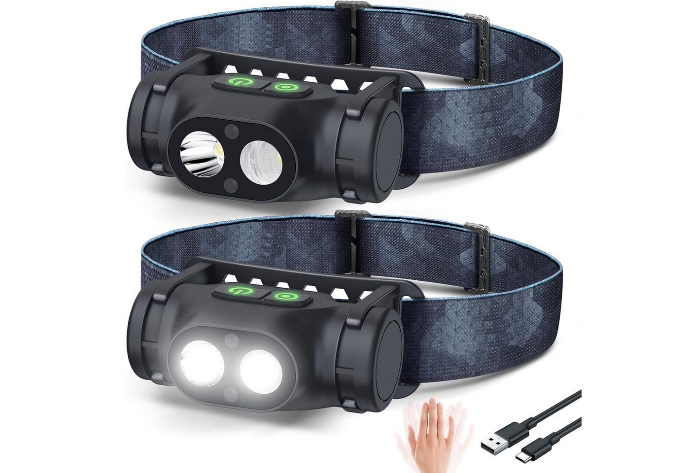 TUWENA LED Stirnlampe Wiederaufladbar Kopflampe Aufladbar Dimmbar 3 Lichtmodi Sensor Magnet (2-St), Wasserdicht Stirnleuchte LED für Wandern Angeln USB-C von TUWENA