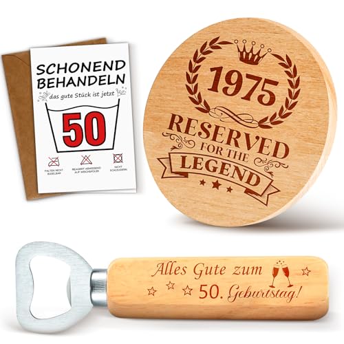 TUZELIYA 1975 Geschenk 50 Geburtstag Mann Untersetzer Holz mit Flaschenöffner und Geburtstagskarte - Personalisierte 50. Geburtstagsgeschenk Geschenke für Papa Ehemann Opa von TUZELIYA