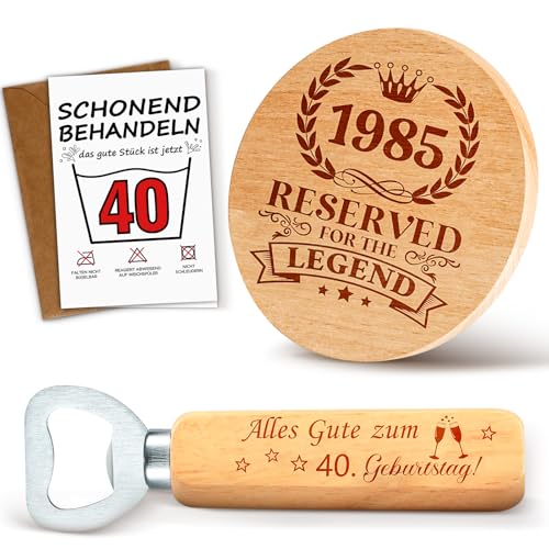 TUZELIYA 1985 Geschenk 40 Geburtstag Mann Untersetzer Holz mit Flaschenöffner und Geburtstagskarte - Personalisierte 40. Geburtstagsgeschenk Geschenke für Papa Ehemann Freund von TUZELIYA