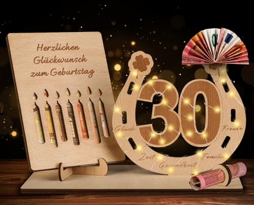 TUZELIYA 30.Geburtstag Geschenk für Mann Frau - Geldgeschenk Geburtstag mit LED Lichterkette - Holz-Schild Gästebuch - Lustige Geschenk Geburtstag - 30 Geburtstag deko - Personalisierbares Geschenk von TUZELIYA