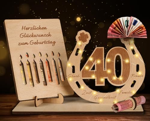 TUZELIYA 40.Geburtstag Geschenk für Mann & Frau - Geldgeschenke Geburtstag mit LED Lichterkette Ständer - Holz-Schild Gästebuch - 40 Geburtstag Deko - Personalisierbares Geschenk von TUZELIYA