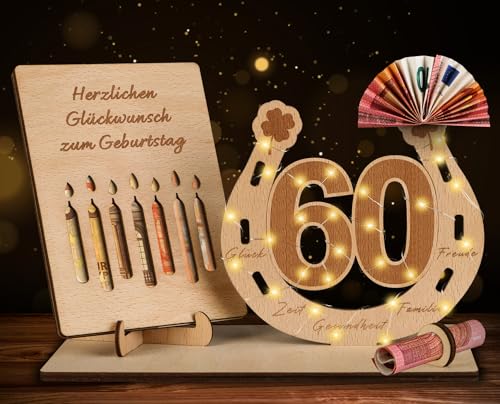 TUZELIYA 60 Geburtstag Geschenk Frauen & Männer - Geldgeschenke Geburtstag 60 mit LED Lichterkette Ständer - Holz-Schild Gästebuch - 60 Geburtstag Deko - 60.Geburtstag von TUZELIYA