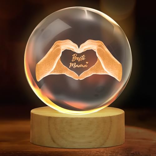 TUZELIYA 3D Glas Kristall Nachtlicht Led Lampe-7cm mit Holzsockel,Gravur Herz aus Zwei Händen und Text Beste Mama !geschenke für Mama, Muttertagsgeschenk,Geschenke zum Muttertag,Muttertag von TUZELIYA