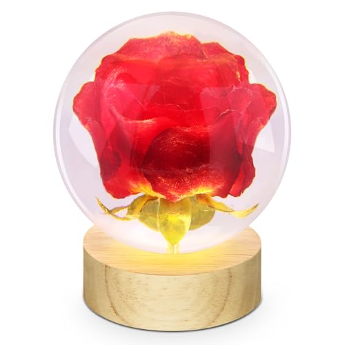 TUZELIYA Glaskugel Rosen mit Led，7cm Kristallkugel Nachtlicht mit USB Holzsockel,ewige rose im glas, Geschenkideen für Mann Frau Freund Familie von TUZELIYA