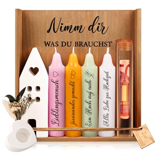 TUZELIYA Hochzeitsgeschenk - Kerzenset mit Kerzenständer - Kerzen Deko Geschenkidee - Nimm dir was du brauchst - Geschenke für Frauen, Freundin & Schwester(rosa, gelb, grün, weiß) von TUZELIYA