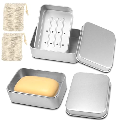 TUZHE 2 STK Seifendose Reise Wasserdicht aus Aluminium, Premium Seifenschale mit Ablaufsieb und Sisal Seifensäckchen Seifenbox für zu Hause oder auf Travel von TUZHE