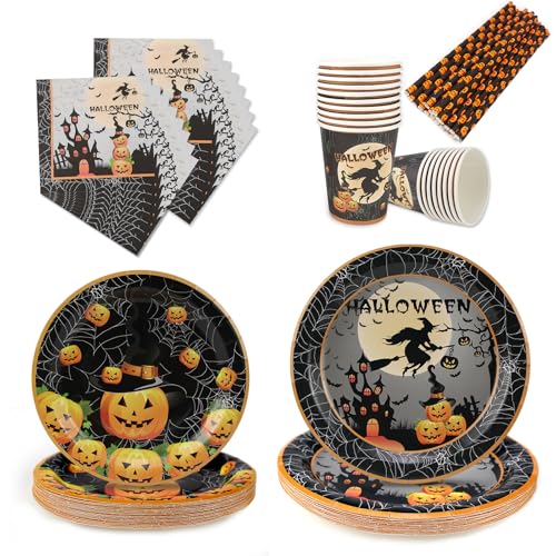 TUZHE Halloween Pappteller Set 100STK, 20 Gäste Partygeschirr Set mit Servietten Teller Becher Strohhalme Halloween Party Deko TUZHE Halloween Pappteller Set 100STK, 20 Gäste Partygeschirr Set mit Servietten Teller Becher Strohhalme Halloween Party Deko von TUZHE