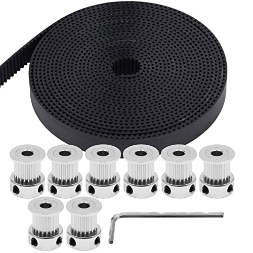 TUZUK GT2 Zahnriemen 9 mm Riemenscheibe, 8 Stück 5 mm 20 Zähne Zahnriemenscheibe und GT2 5 Meter Gummi 2 mm Teilung 9 mm breiter Zahnriemen mit Inbusschlüssel für 3D-Drucker CNC von TUZUK