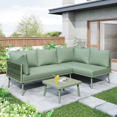 Garten-Lounge-Set aus Eisen, Gartenmöbel-Set aus grünem Seil, L-förmiges Gartenmöbel-Set, Lounge-Set aus grünem Seil mit Sitzkissen, verstellbaren Füßen, 2 Sofas und 1 Tisch von TVIAOH