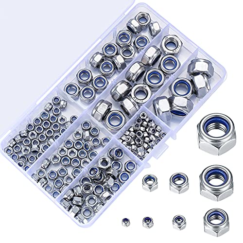 200 Stück Sicherungsmuttern Sortiment, Edelstahl Selbstsichernde Muttern, M3 M4 M5 M6 M8 M10 M12 Gewindeeinsätze Sechskantmuttern Set, Verschiedene Nylon-Sicherungsmuttern von TVNYOUJIA