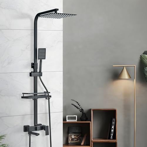 TVTIUO Duschsäule mit quadratischem Duschkopf, höhenverstellbare Duschsäule, Badewannen-Duschsäule mit Regal, Regenduschkopf, 25,4 cm, schwarzes Duschset von TVTIUO