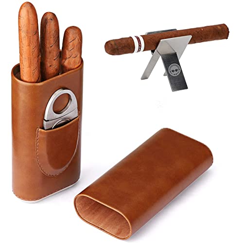 M TIME C CLUB 3 Stück Satz von 3 braunen Leder Zigarrenkiste Zedernholz Auskleidung Zigarren Humidor Edelstahl zusammenklappbar Zigarrenhalter Silber Edelstahl Zigarrenschneider von M TIME C CLUB