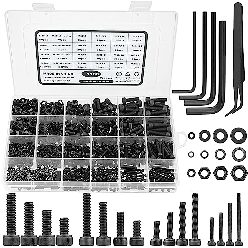 1185Stk M2 M3 M4 M5 Zylinderschrauben mit Innensechskant Schrauben Set, Kohlenstoffstahl Gewindeschrauben mit Linsenkopf Schrauben Muttern Unterlegscheiben & Innensechskantschlüsseln Sortiment Kit von TW1TGOFT