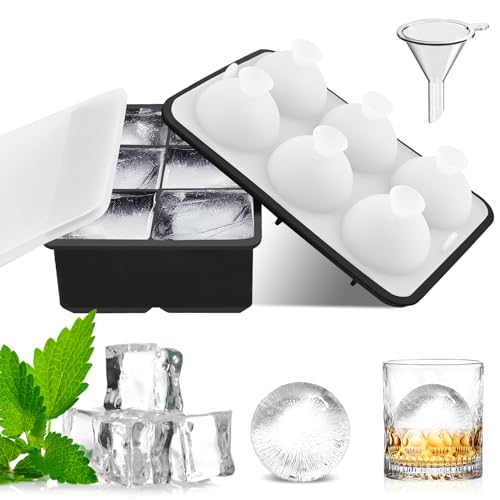 2 Pack Eiswürfelform Silikon, Große 6 Fächer mit Deckel und Trichter, BPA-frei, leicht wiederverwendbar, für Bier Cocktail Whisky Saft Schokolade Formen-Quadratisch/Rund von TW1TGOFT