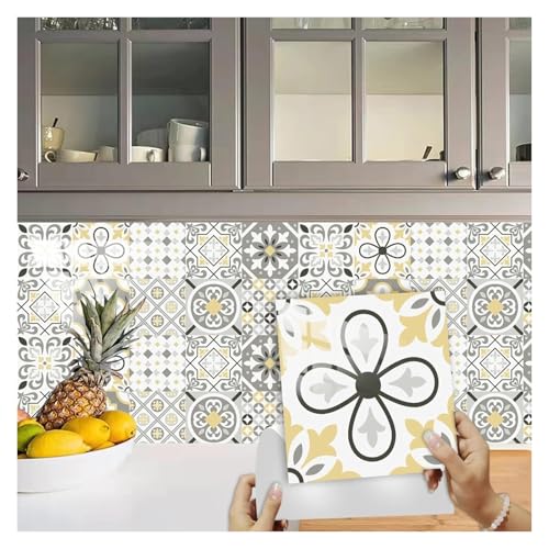 TWALOTPEX Klebe Tapete, Unterlegungspapier Selbstklebende Fliesen aus PVC, grau, schwarz und gelb, hitzebeständig, for Abziehen und Aufkleben, for Küche, Badezimmer, Wand und Boden(10x10cm/10 Pcs) von TWALOTPEX