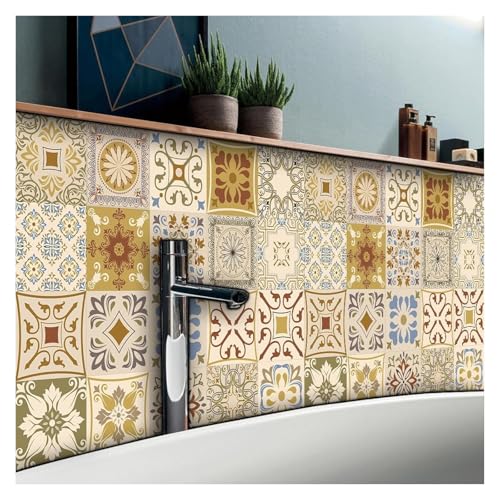 TWALOTPEX Klebe Tapete, Unterlegungspapier Selbstklebende PVC-Fliesen im Vintage-Stil, Senfgelb, hitzebeständig, for Abziehen und Aufkleben, for Küche, Badezimmer, Wand und Boden(10x10cm*10pcs) von TWALOTPEX
