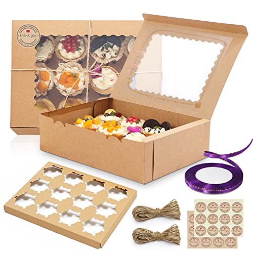 TWBEST Cupcake Box 15 Stück 12er Cupcake Muffin Box mit Fenster und Einsätzen, Cupcake-Box Muffin Box mit Seil und Stickern von TWBEST