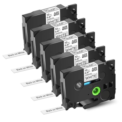 12 mm Labelleband Aze-231 kompatibel mit TZ Tze-231 Druckern Schwarz auf weißem Standard-Laminat-Etikettband(5PK-Black on White) von TWEJHX