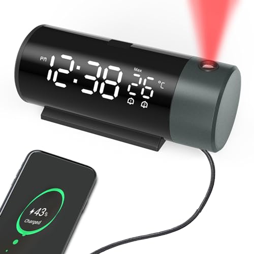 TWFJEL Wecker Digital, Multifunktion 180° Projektionswecker mit Temperatur LED Bildschirm 4 Helligkeitsstufen einstellbar 12/24H Anzeige Dual Alarm Mit Schlummer für Schlafzimmer, Büro, Schlafsaal von TWFJEL