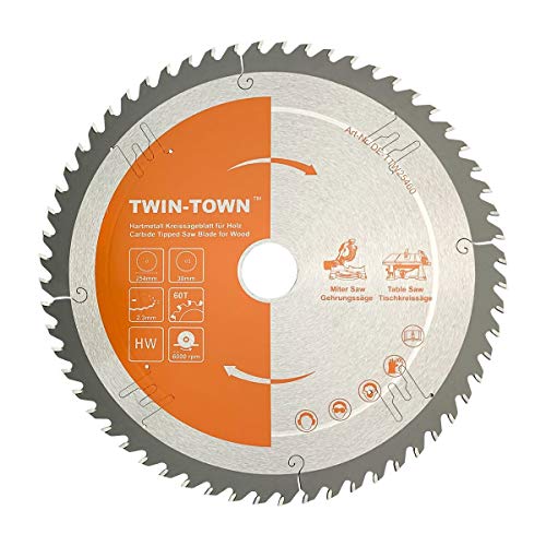 TWIN-TOWN HM Kreissägeblatt Holz 254x30mm Z60, Reduzierring 20 mm, Ideal für Bauholz Naturholz Hartholz Schalholz Faserplatten Leimholz zum Sägen mit Gehrungssäge und Tischkreissäge von TWIN-TOWN