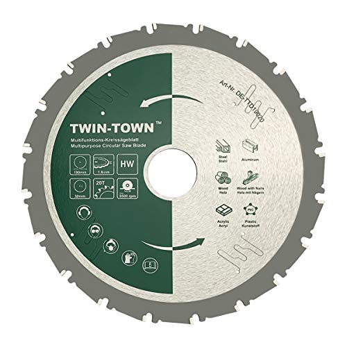 TWIN-TOWN HM Multifunktions-Kreissägeblatt 190 x 30 mm Z20 ist ideal zum Sägen von Holz, Stahl, Aluminium, Acryl, Kunststoff, Laminat und MDF mit einer Kreissäge oder einer Akku-Kreissäge von TWIN-TOWN